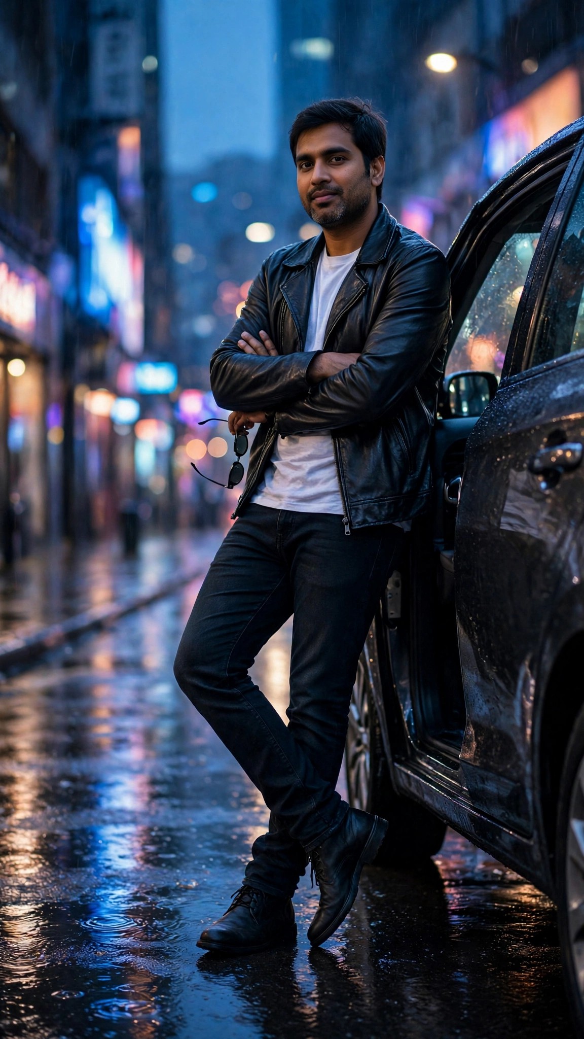 Example image of a man in a black leather jacket leaning on a car at dusk