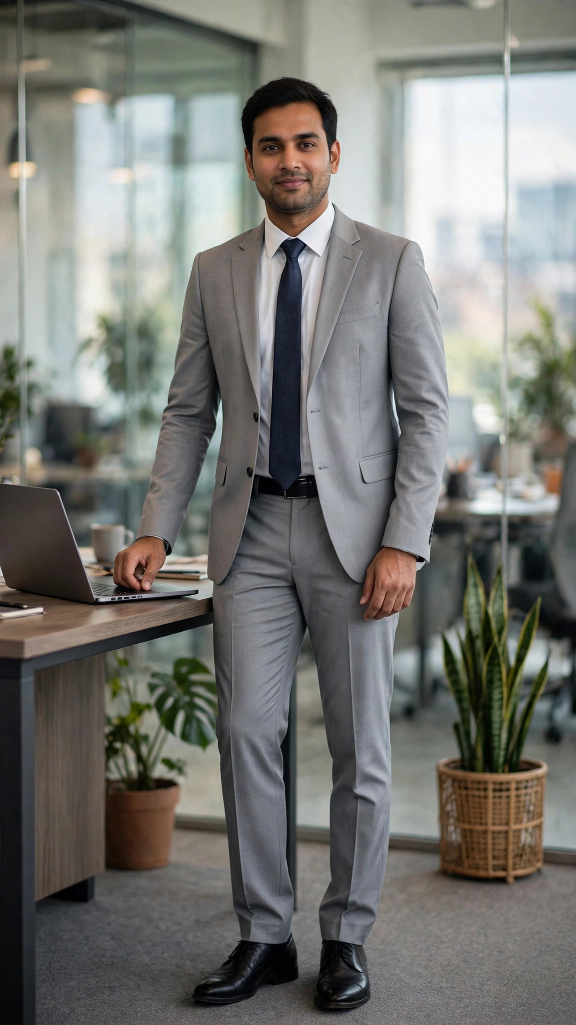 Example image of a man in a grey suit standing in a modern office