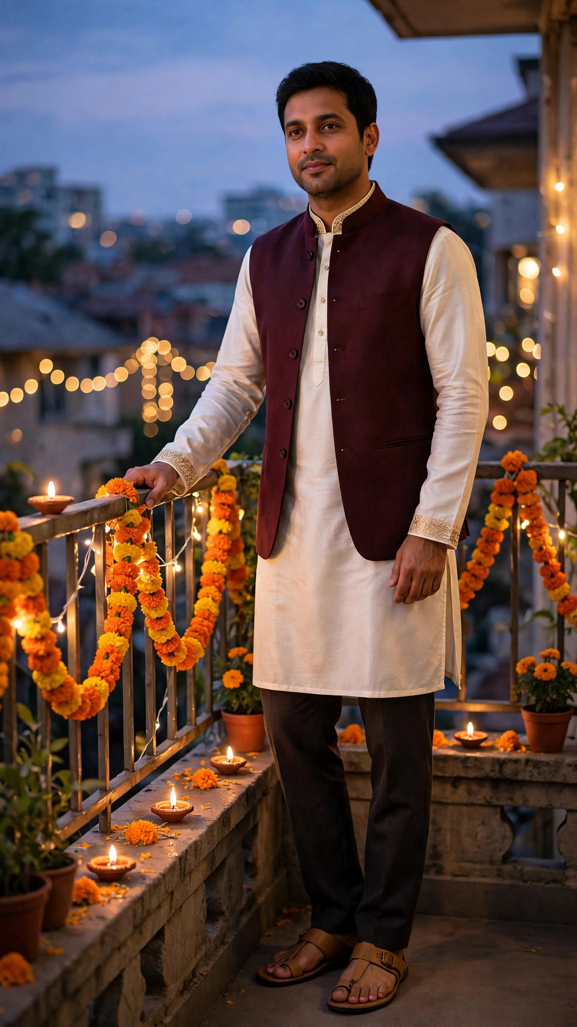 Example image of a boy in an ivory kurta and maroon jacket standing on a Diwali-decorated balcony