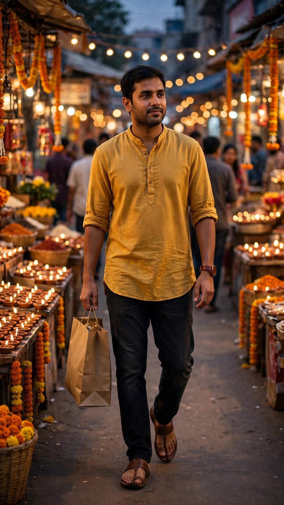 Example image of a boy in a mustard kurta walking through a Diwali market lane