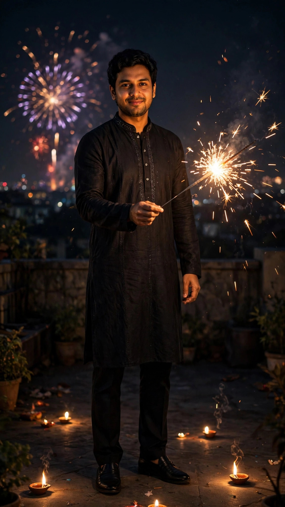 Example image of a boy in a black kurta holding a sparkler on a terrace at night