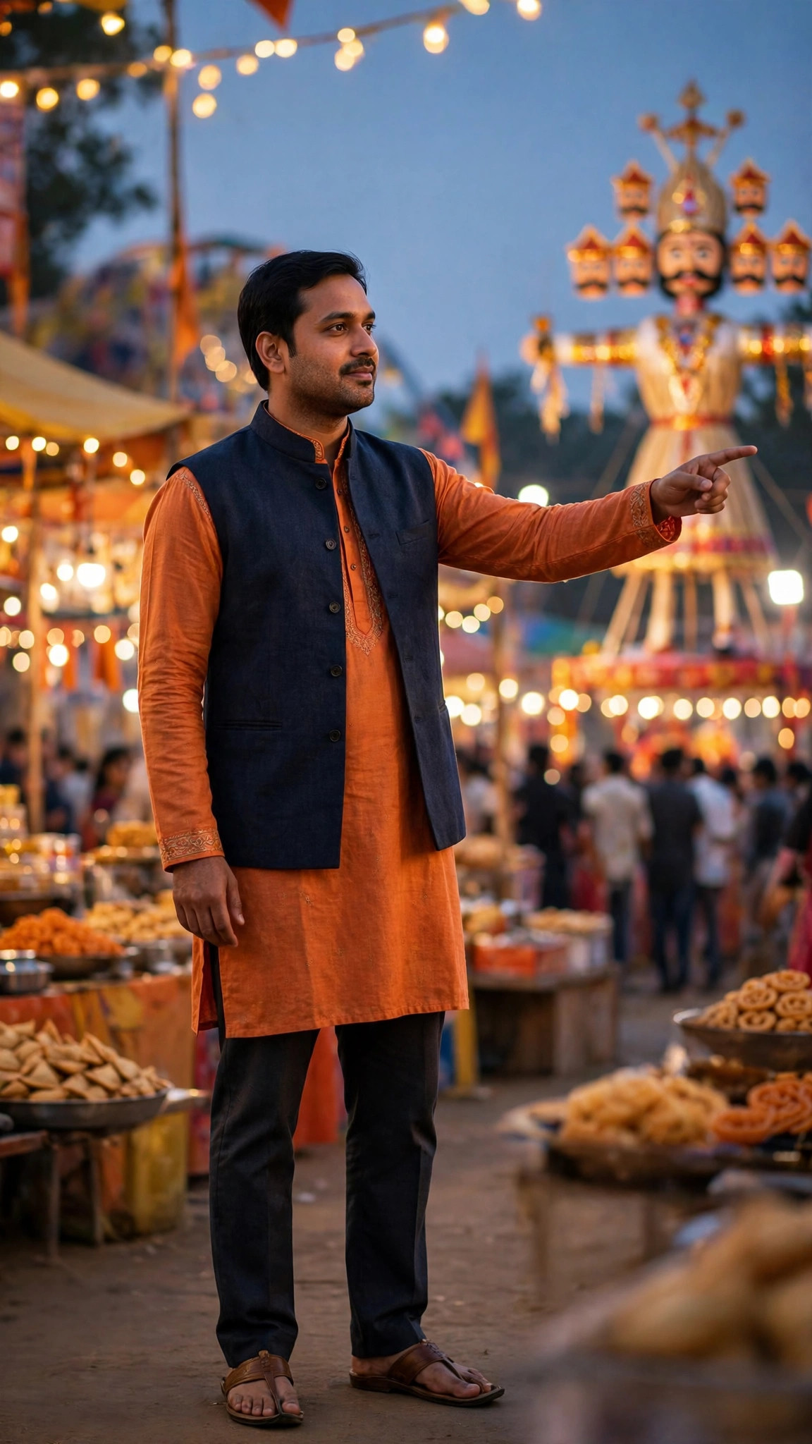 Example image of a boy in an orange kurta at a Dussehra fairground