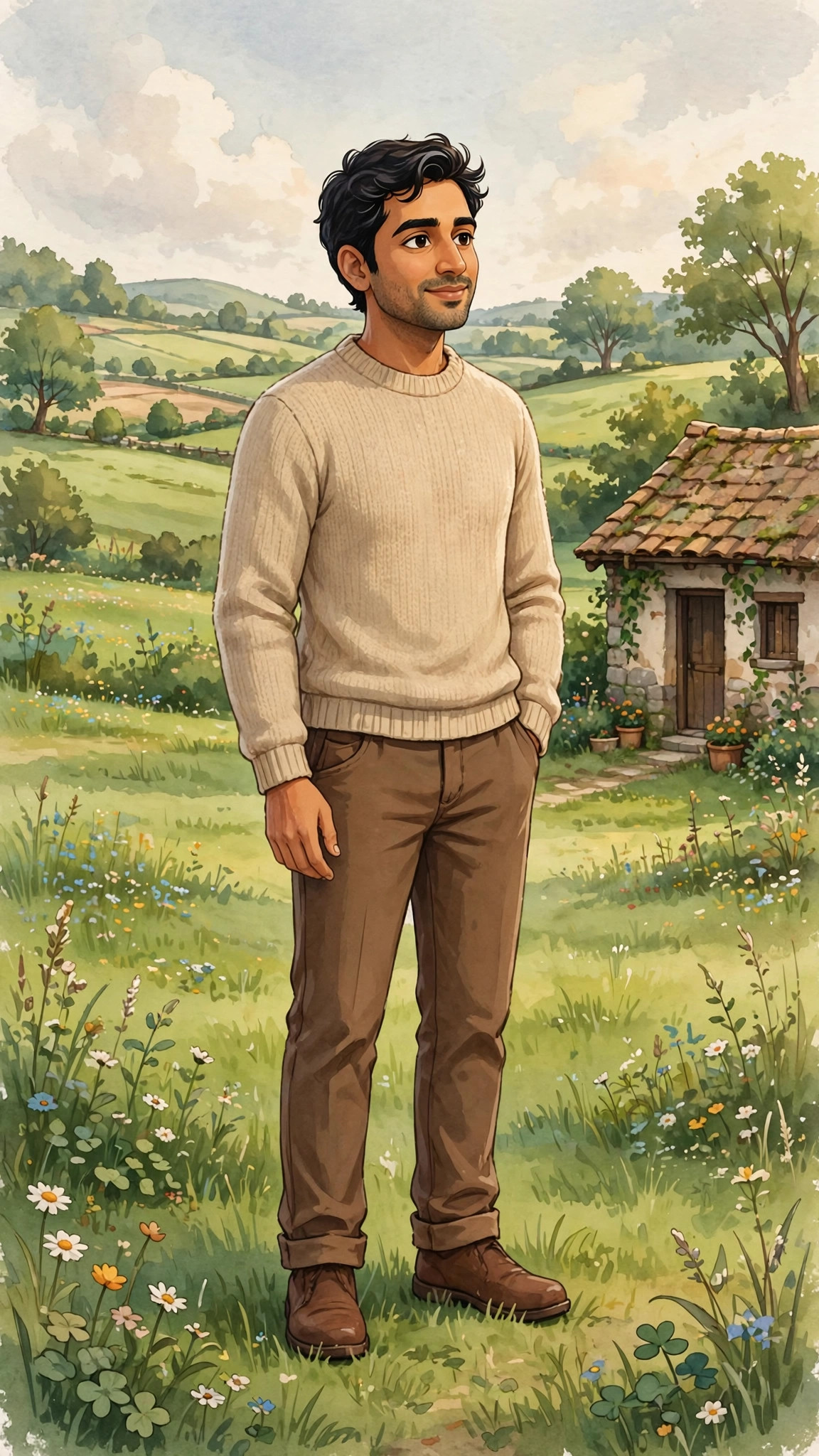 Example image of a soft animated-style portrait of a boy in a countryside scene