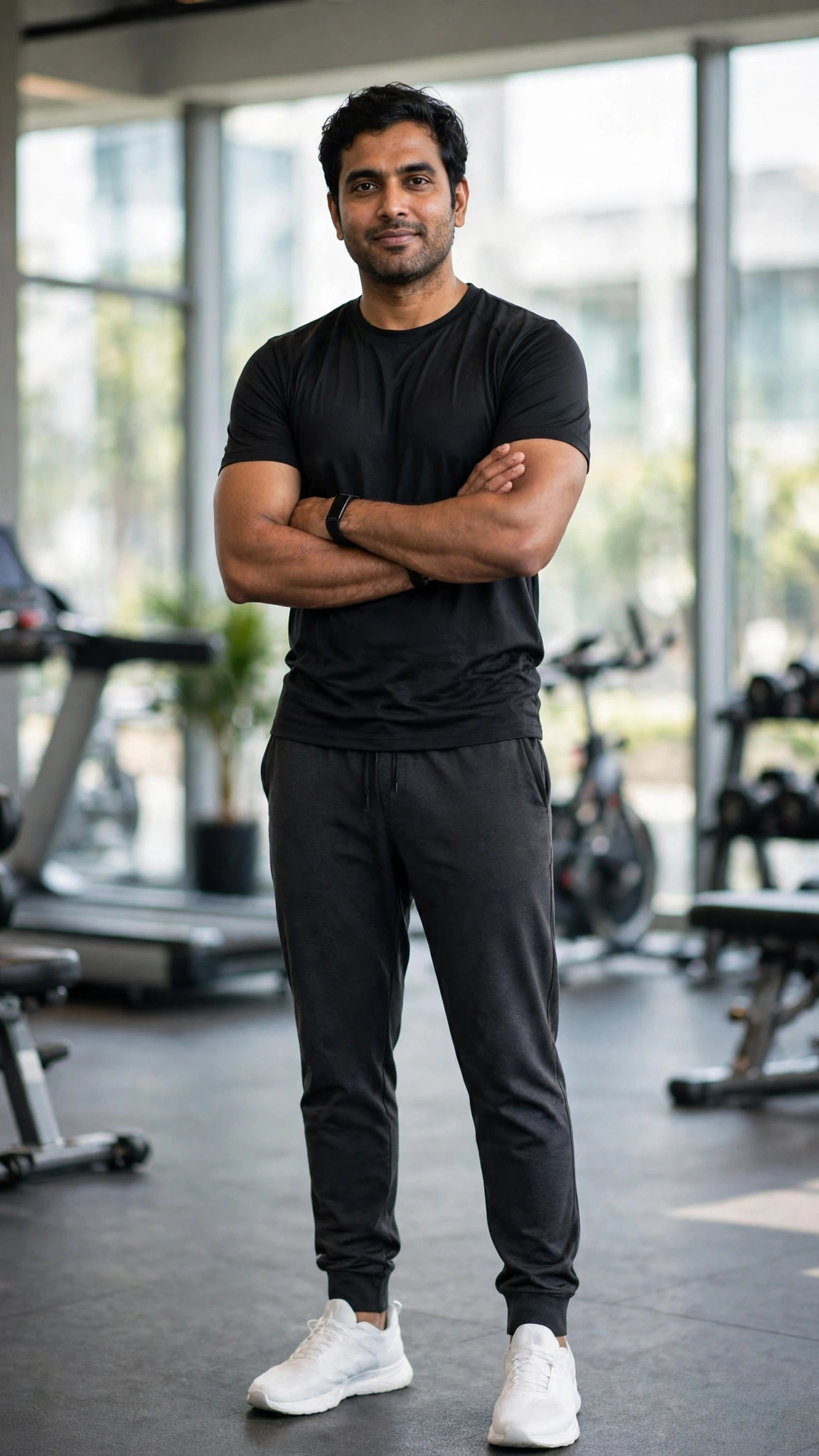 Example image of a man in gym wear standing in a modern gym