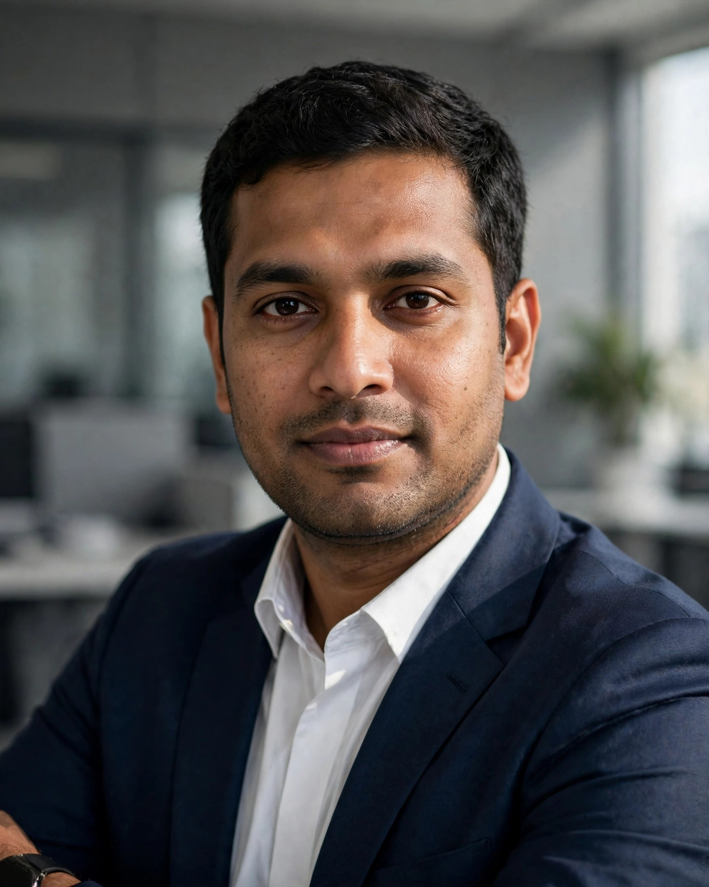 Example image of a professional headshot of a man in a navy blazer