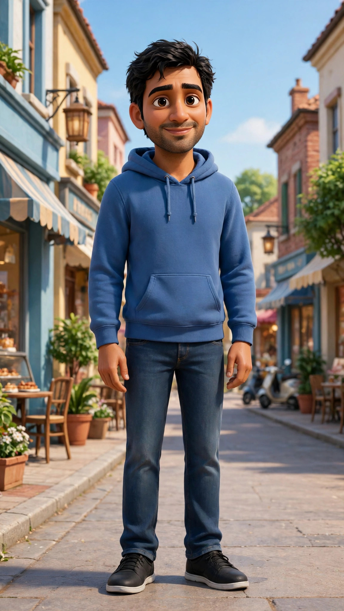 Example image of a 3D animated-style portrait of a boy on a town street