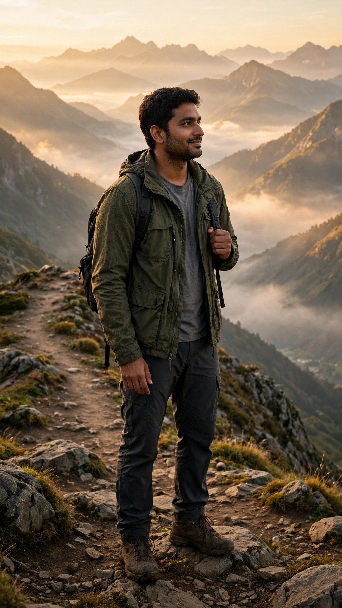 Example image of a man in a trekking jacket at a mountain viewpoint