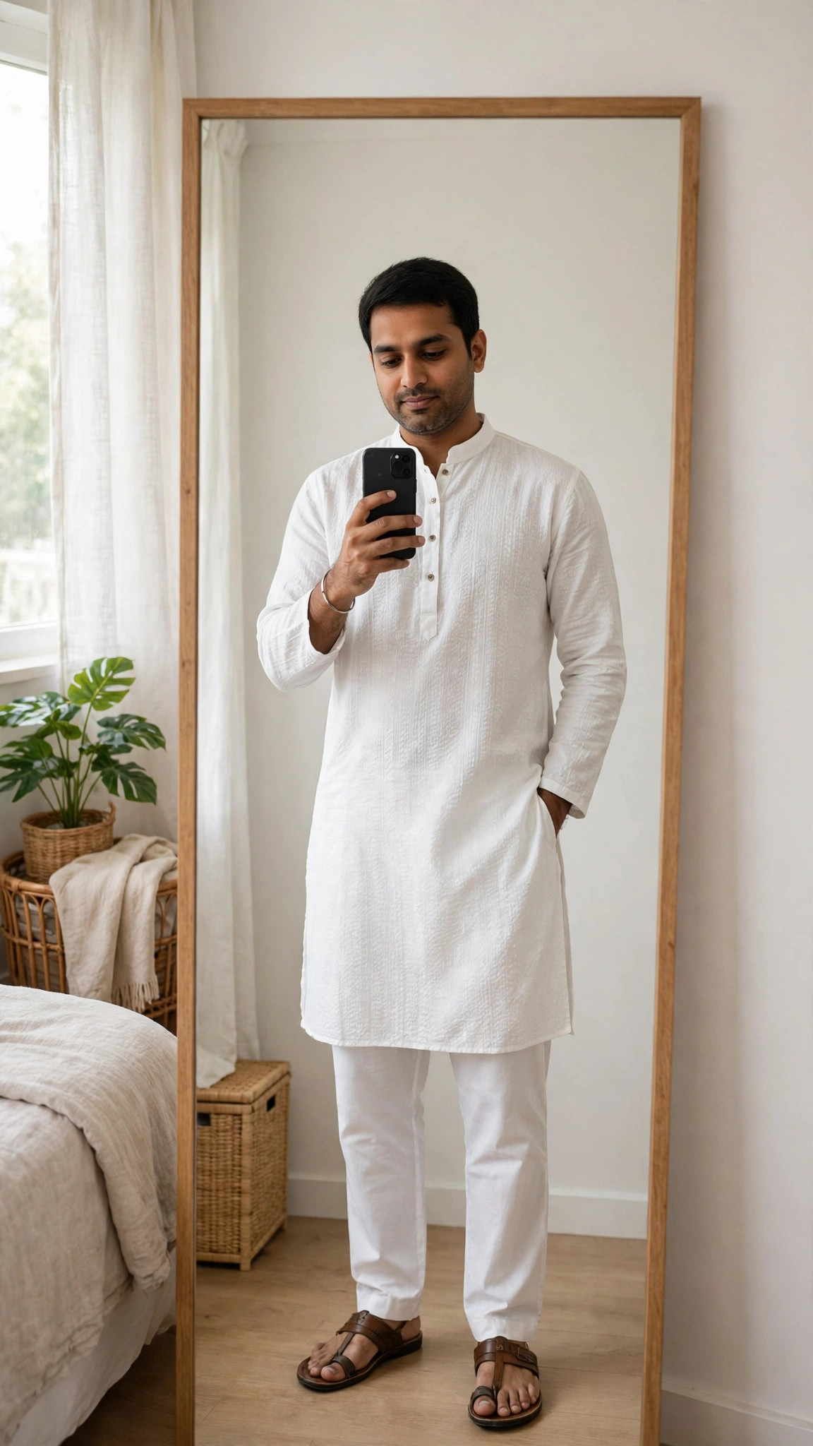 Example image of a boy in a white kurta taking a mirror selfie