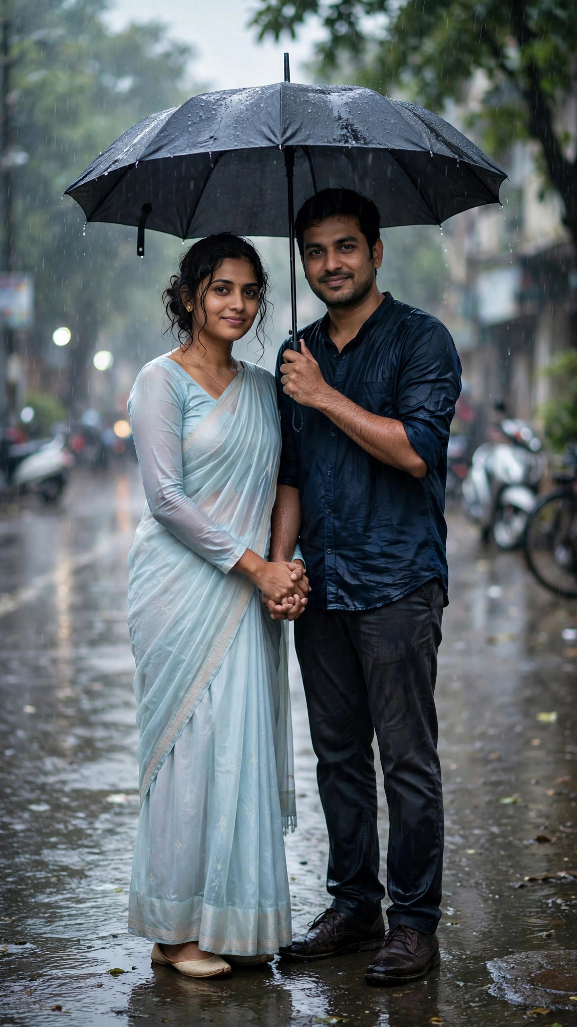 Example image of a couple sharing an umbrella in cinematic rain