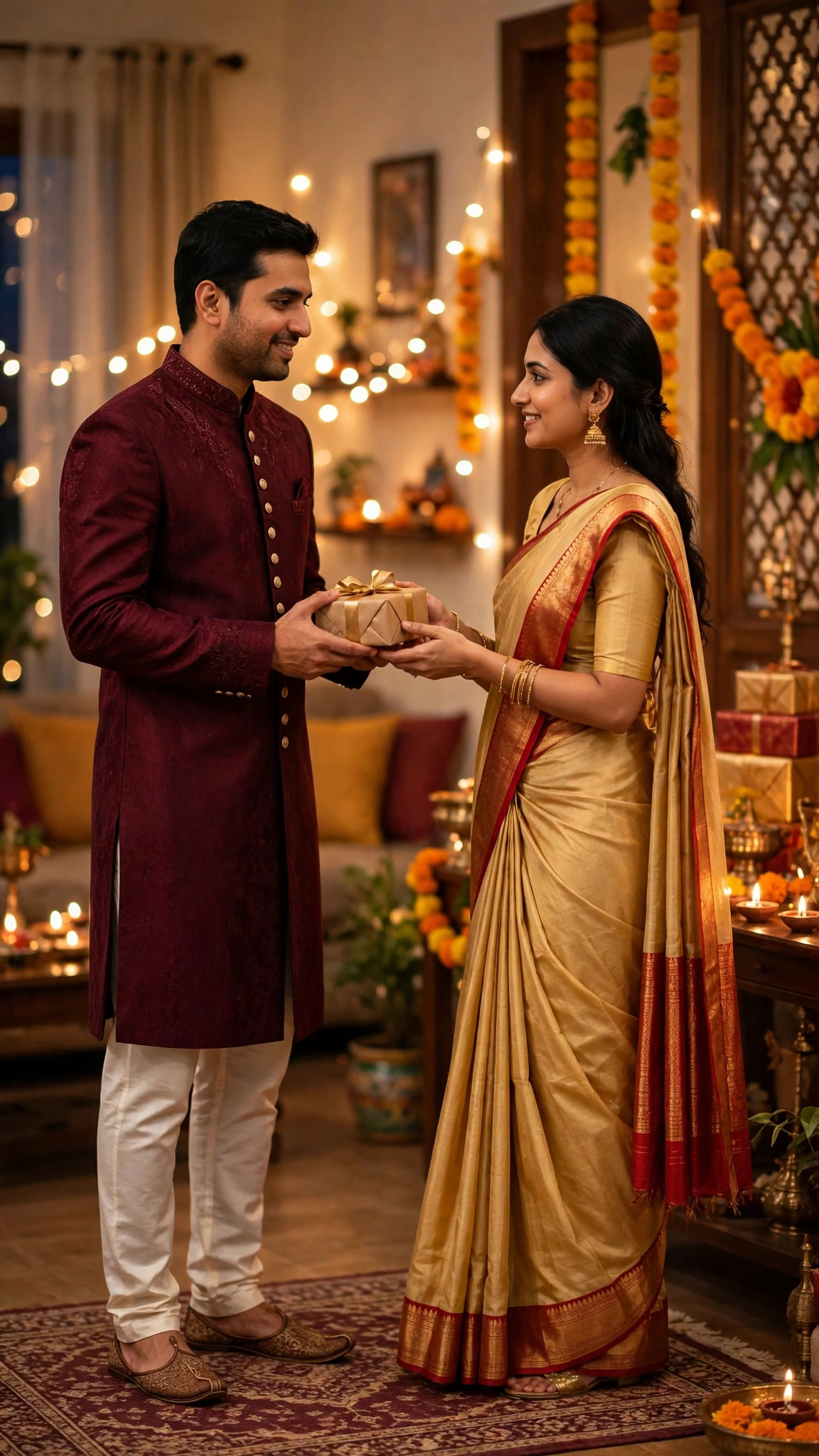 Example image of a couple exchanging a Diwali gift, man in sherwani and woman in saree
