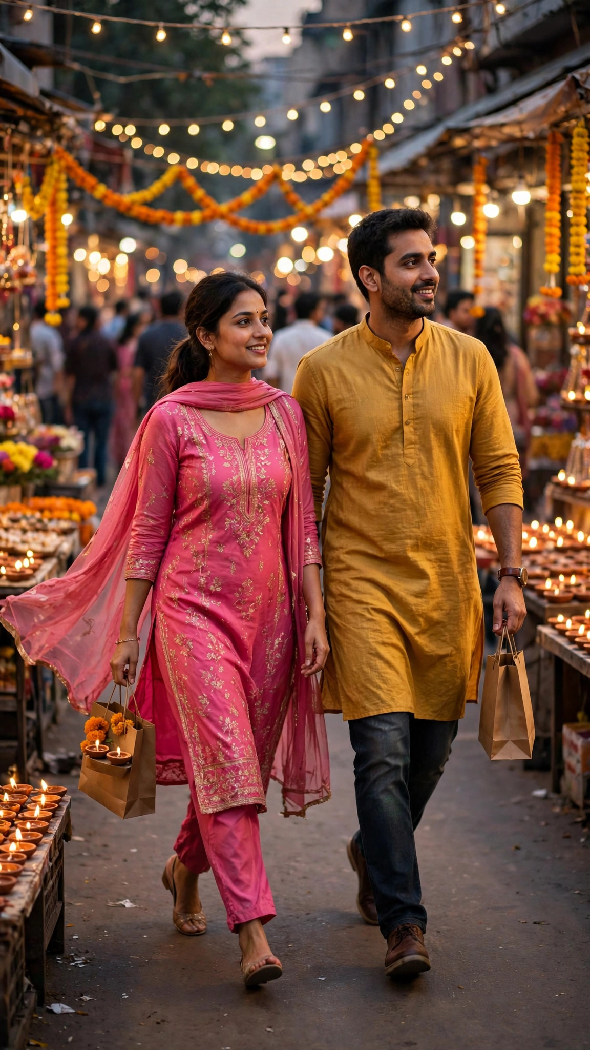 Example image of a couple shopping together in a Diwali market lane