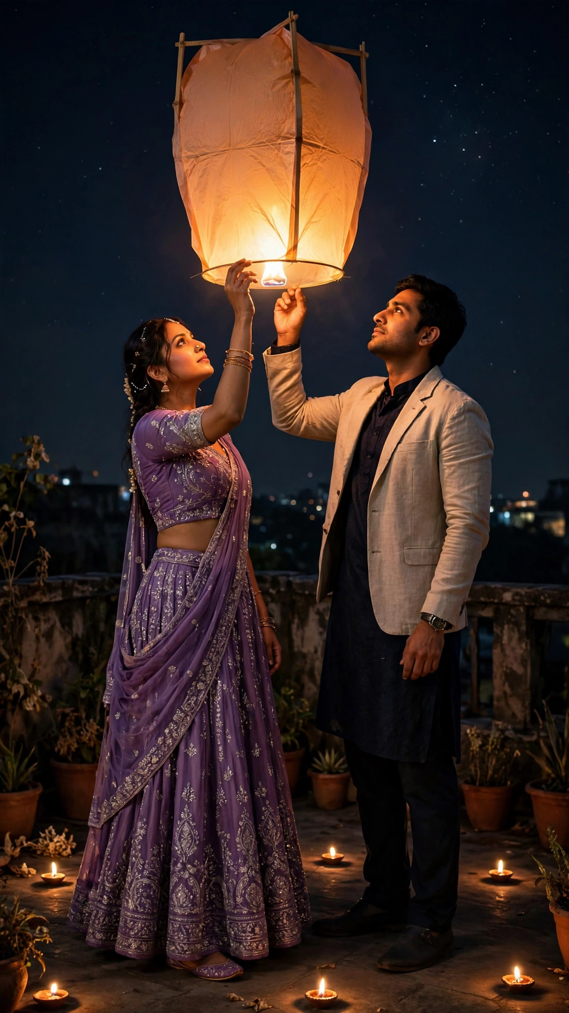 Example image of a couple releasing a sky lantern at night