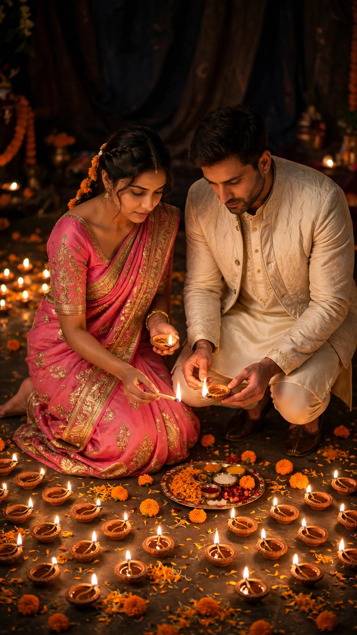 Example image of a couple lighting diyas together on the floor
