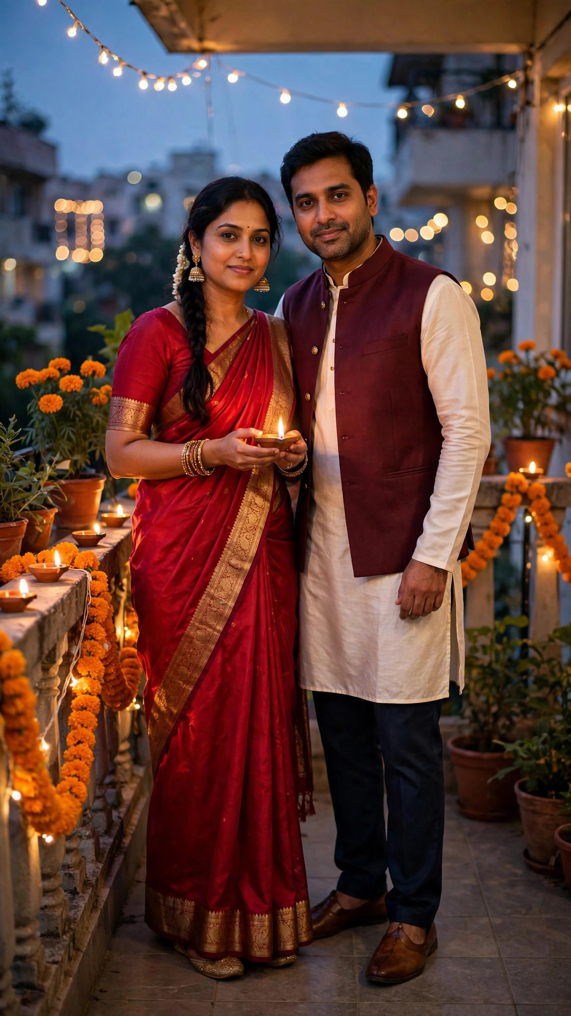 Example image of a couple on a Diwali-decorated balcony, woman in red saree holding a diya