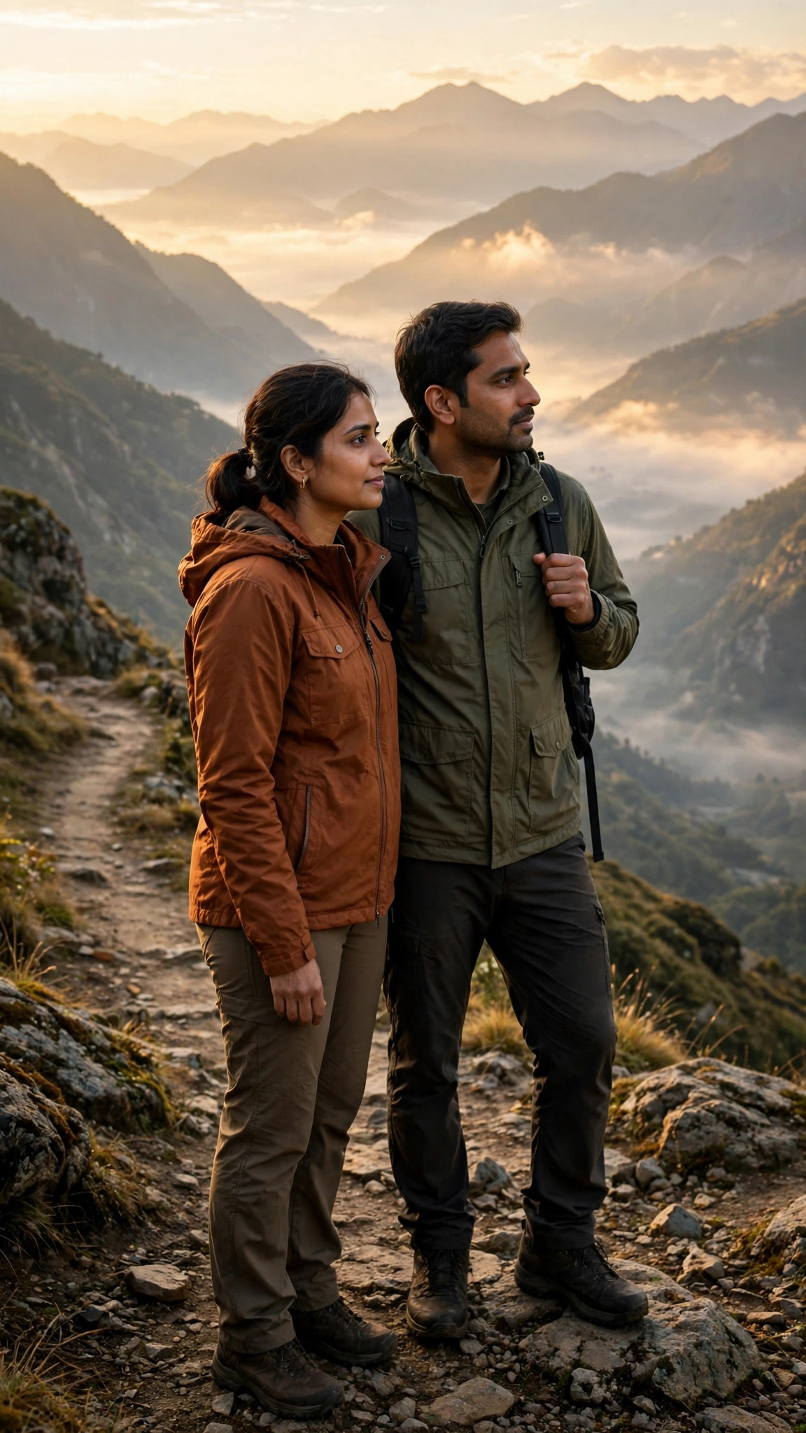Example image of a couple in trekking jackets at a mountain viewpoint