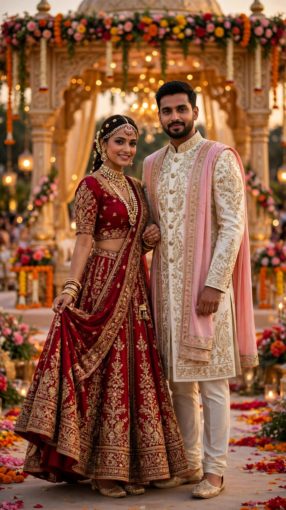 Example image of a royal wedding couple, man in sherwani and woman in red bridal lehenga