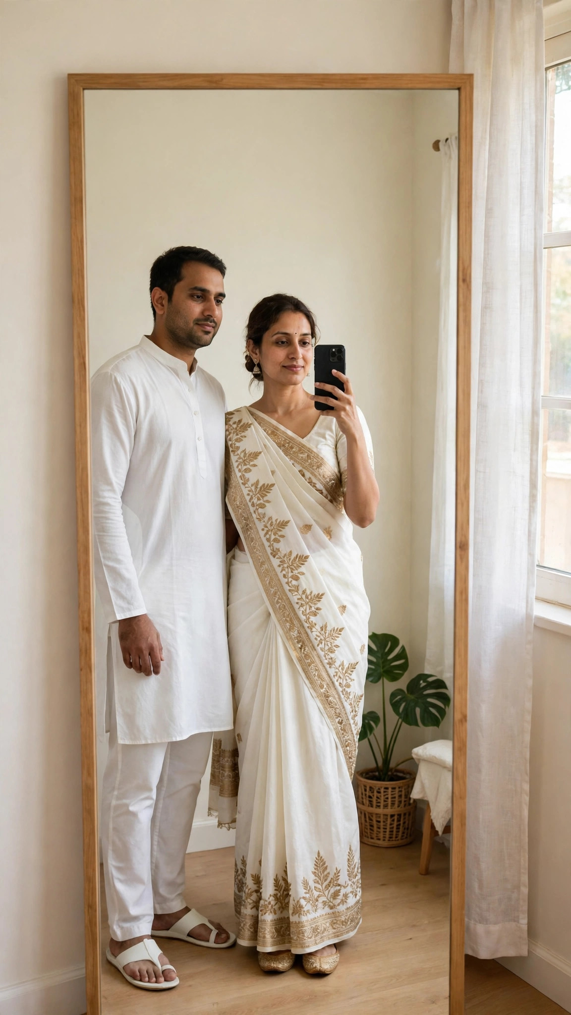 Example image of a couple in white festive outfits taking a mirror selfie