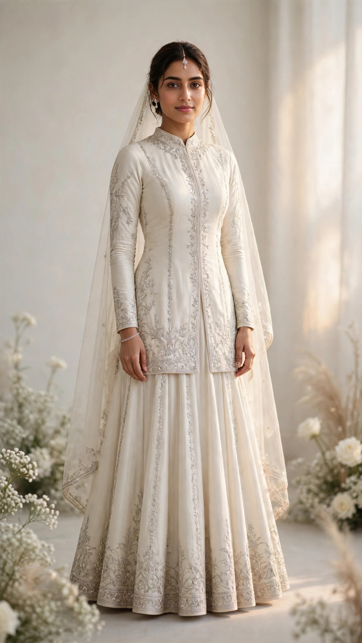 Example image of a girl in a minimal ivory bridal lehenga