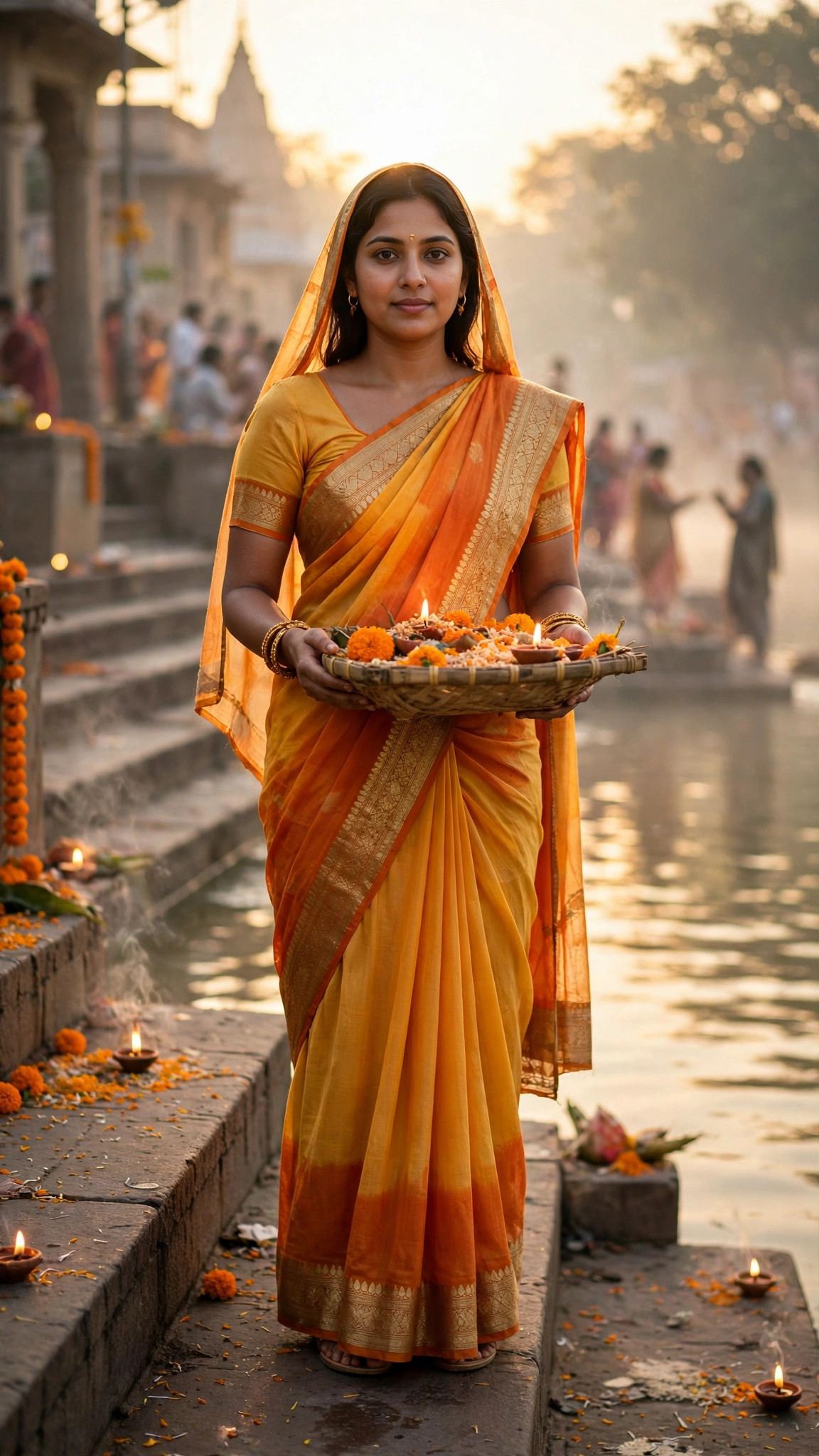 Example image of a girl in an orange saree at a river ghat at sunrise