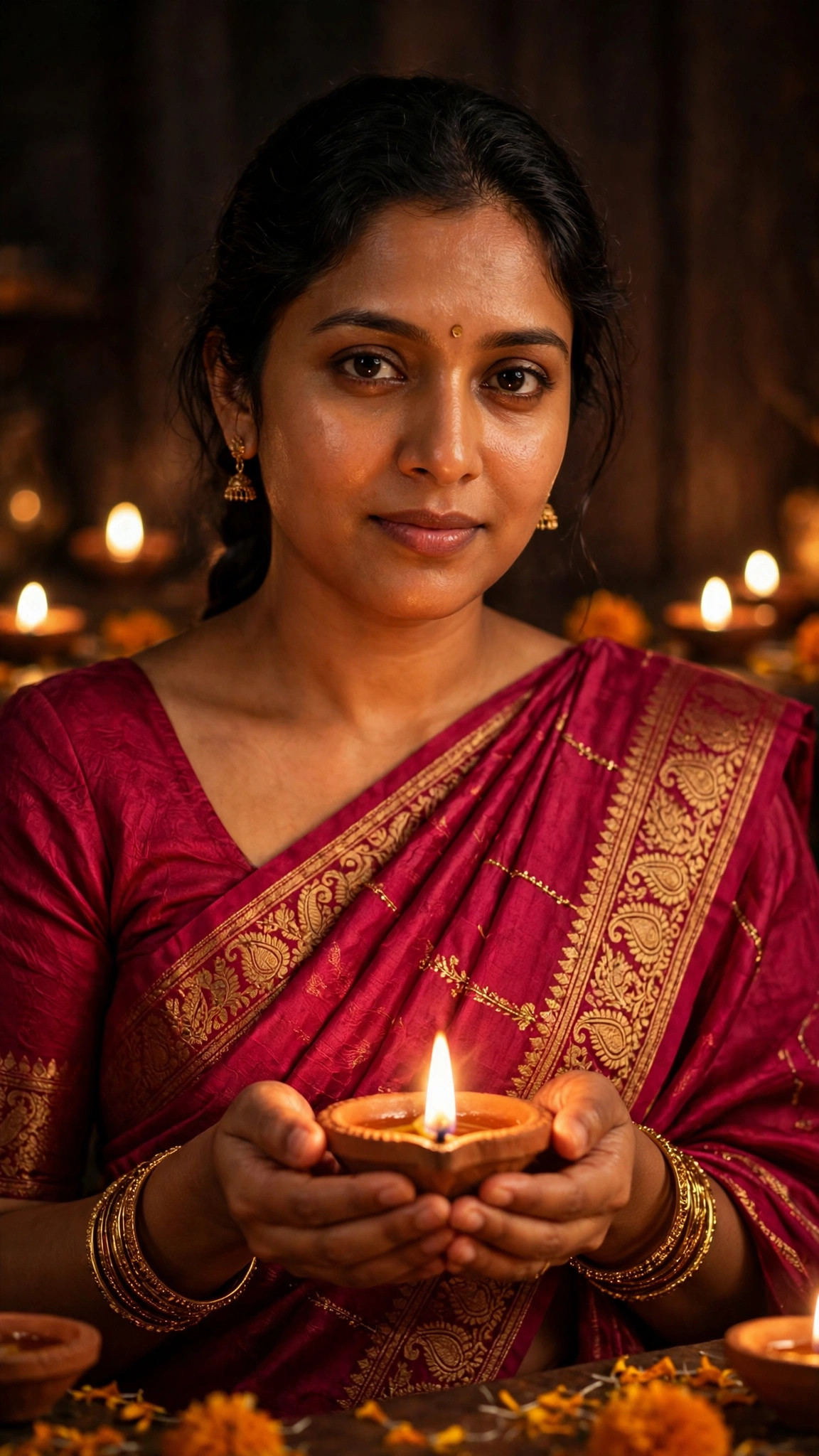 Example image of a girl holding a lit clay diya in both hands