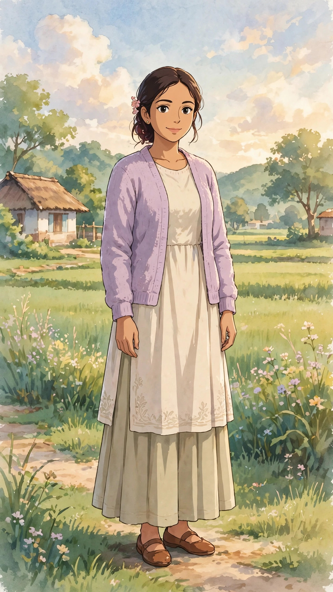 Example image of a soft animated-style portrait of a girl in a countryside scene