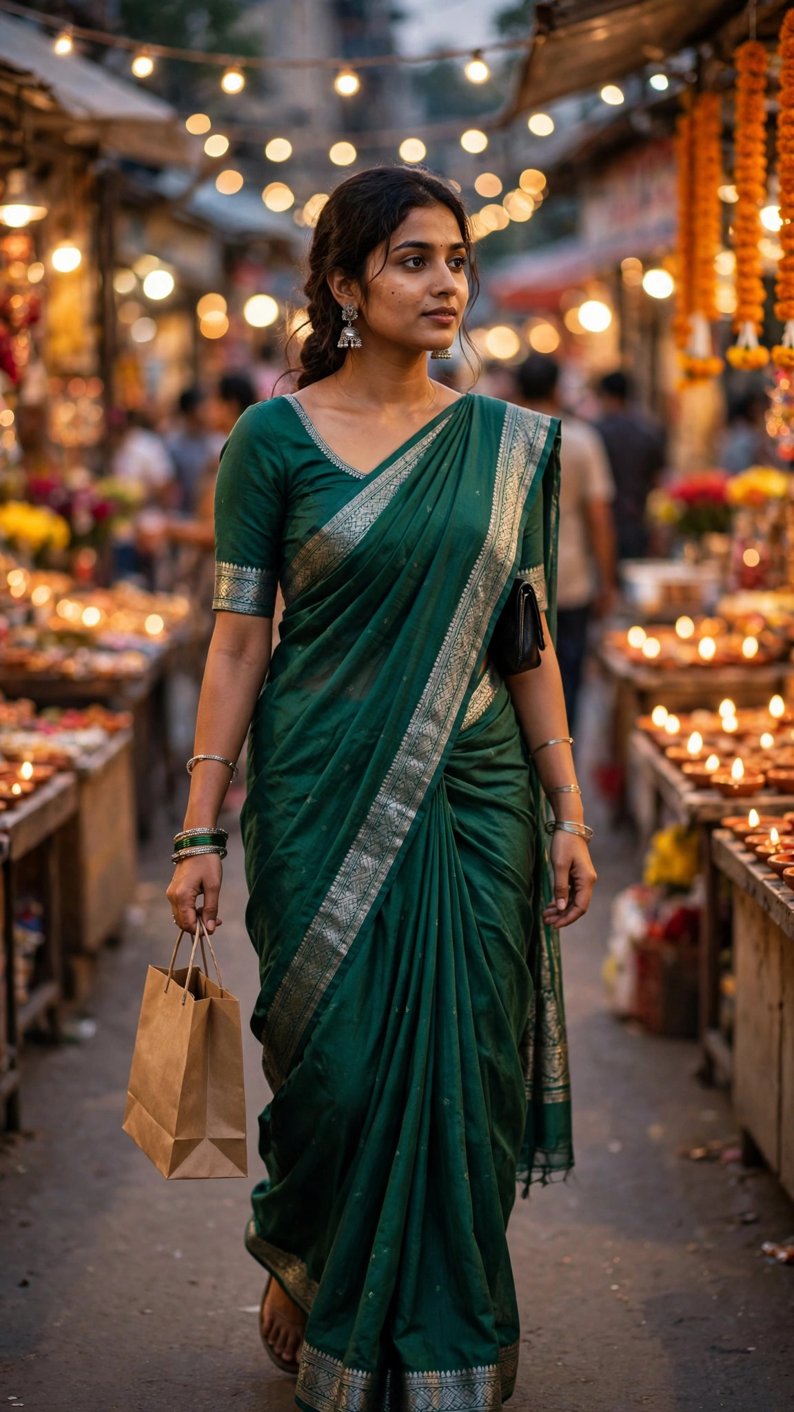 Example image of a girl in a green saree walking through a Diwali market