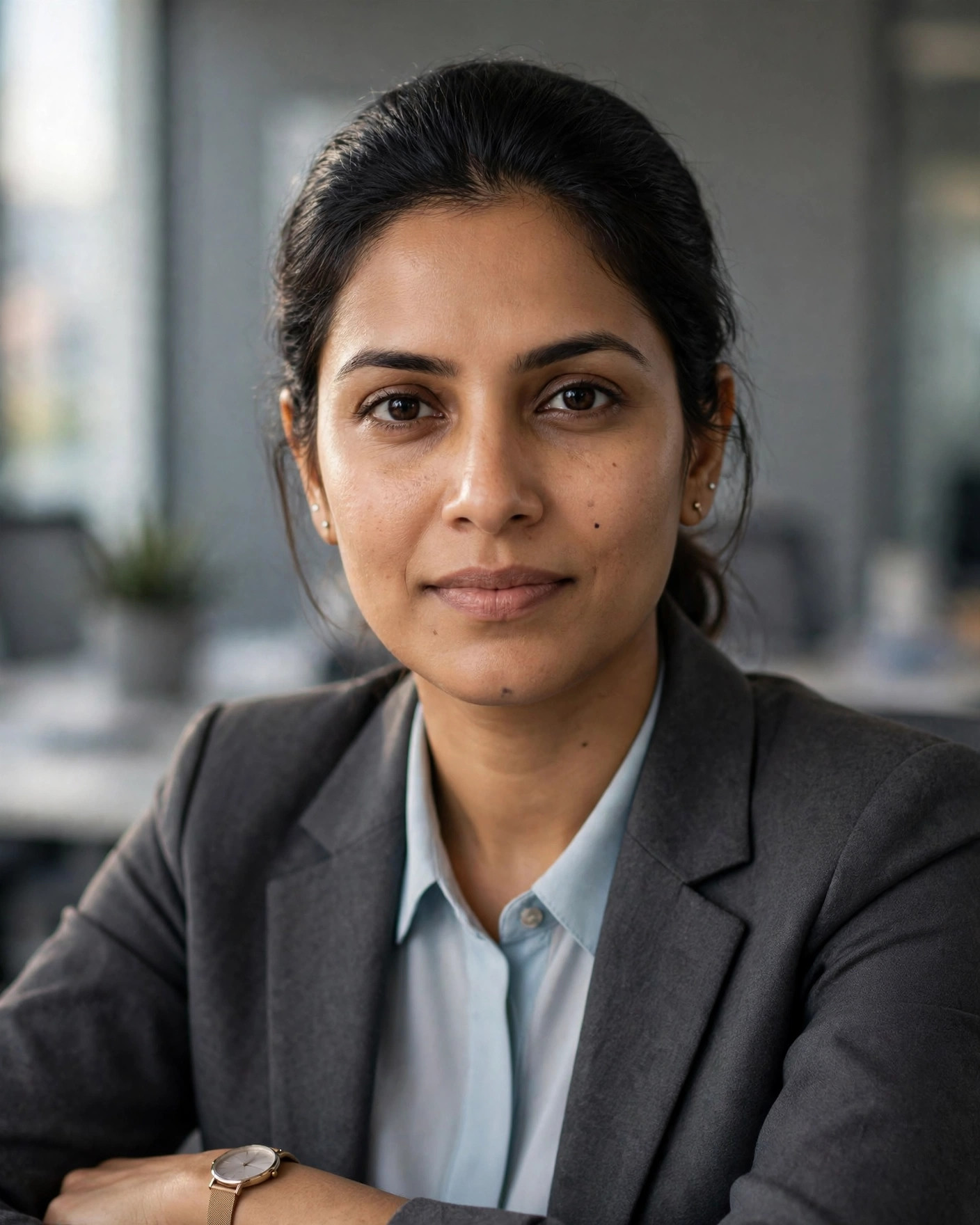 Example image of a professional headshot of a woman in a charcoal blazer
