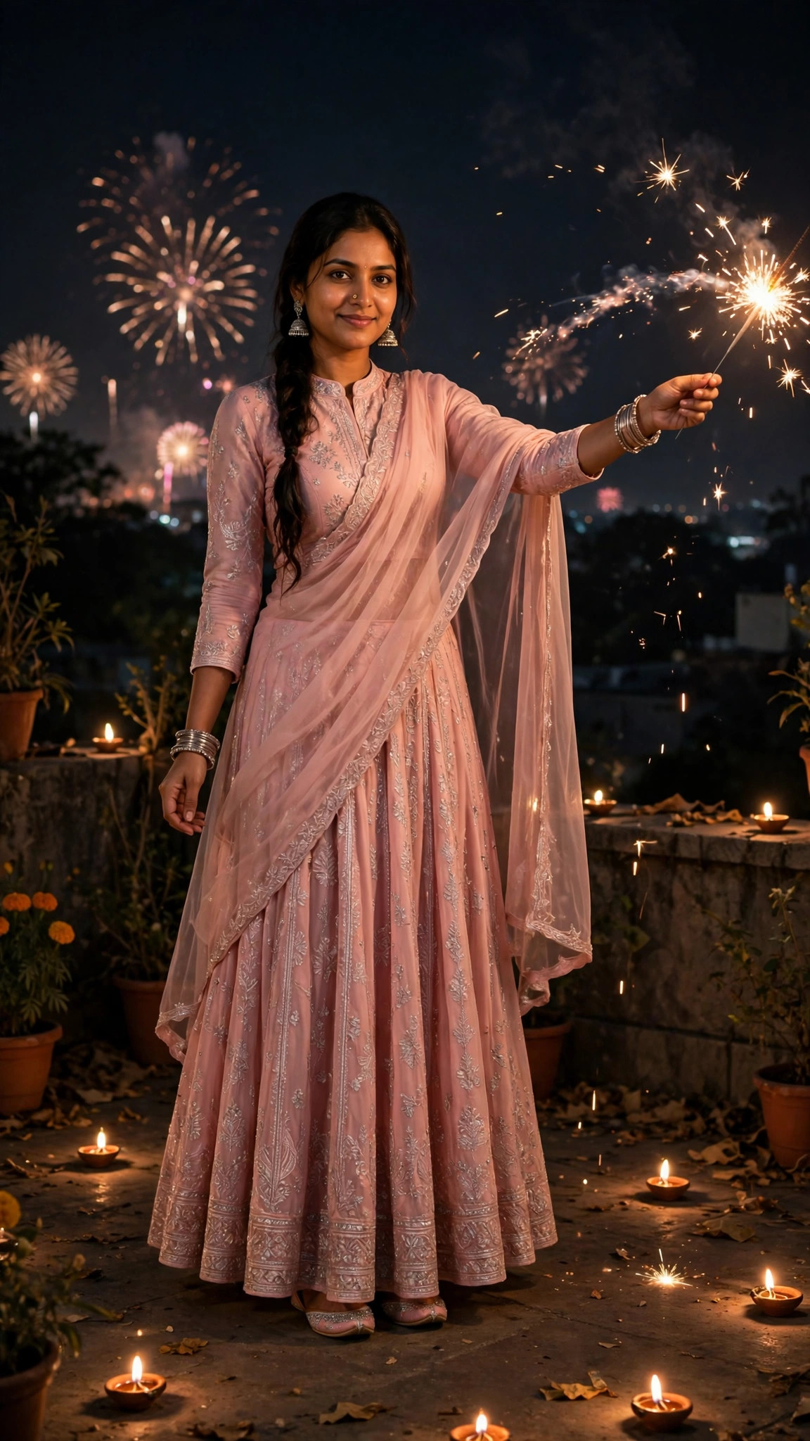 Example image of a girl in a pink lehenga holding a sparkler at night