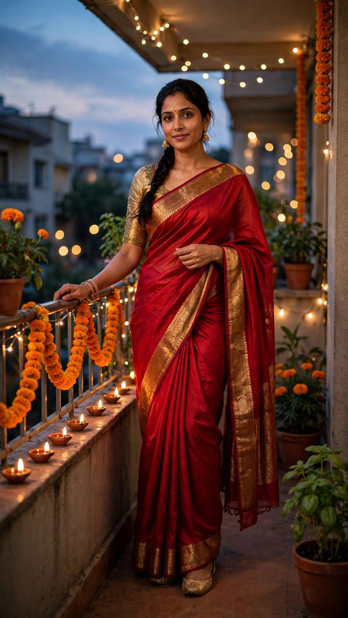 Example image of a girl in a red silk saree on a Diwali-decorated balcony