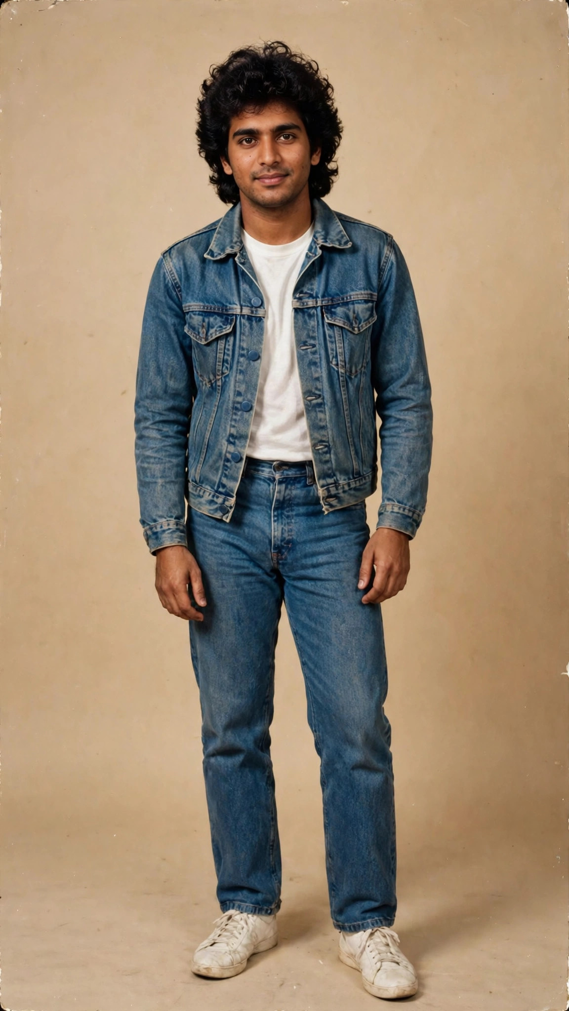 Example image of a boy in a 1980s retro studio portrait with denim jacket and voluminous hair