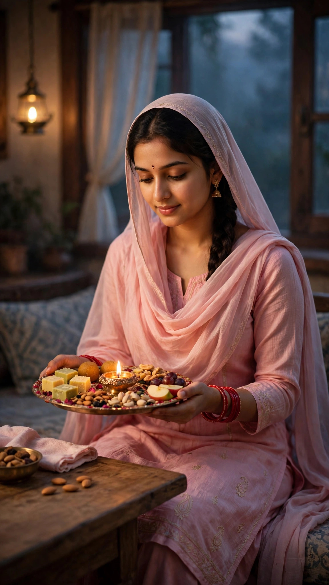 Example image of a girl in a pink traditional suit holding a decorated Karwa Chauth sargi thali